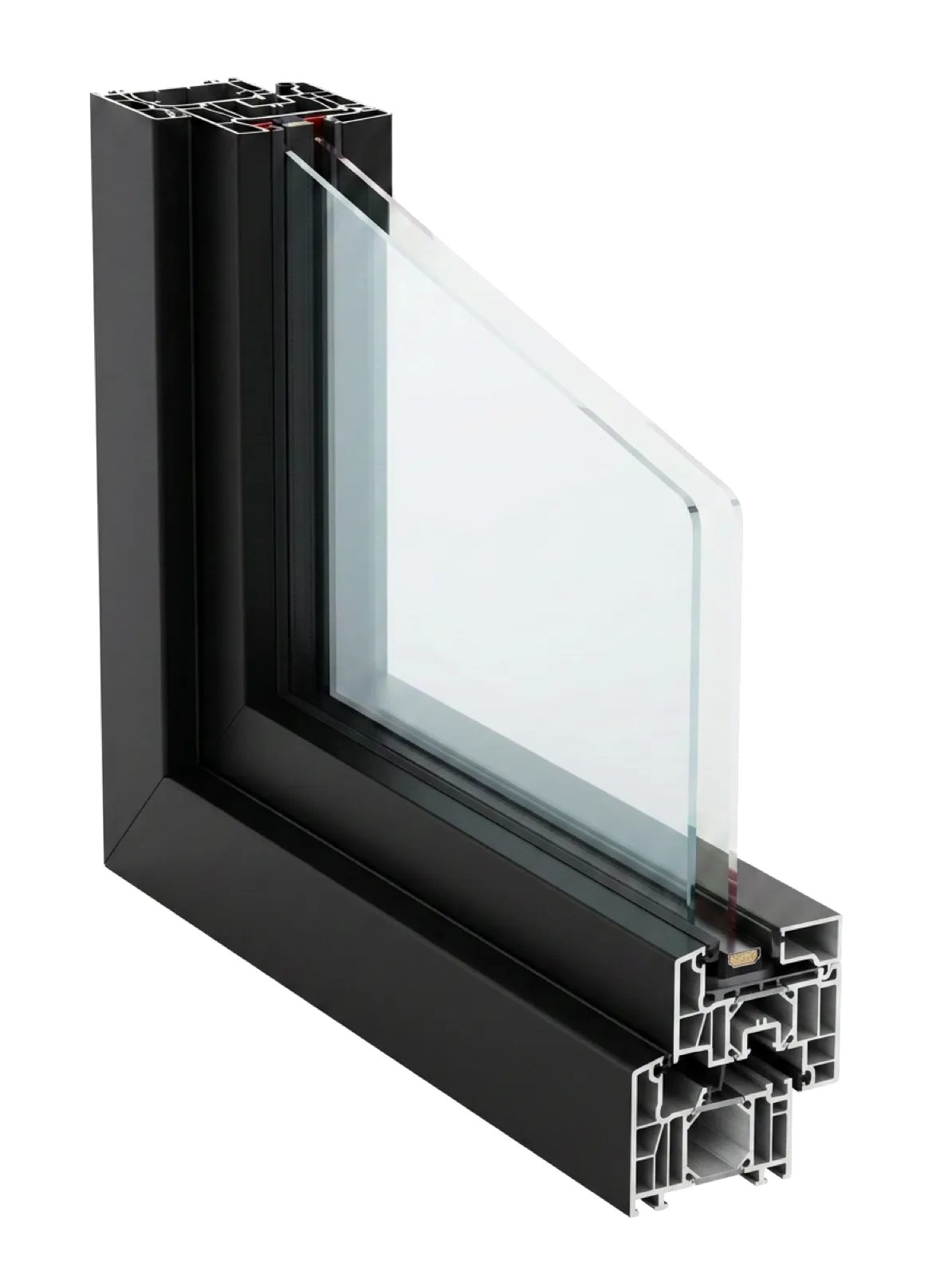 Cut-through of an aluminium window frame corner showing the two-part section, thermal break and sealed double glazed unit